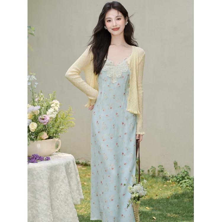 Spaghetti Strap V-Neck Floral Print Maxi A-Line Dress / Plain Cardigan