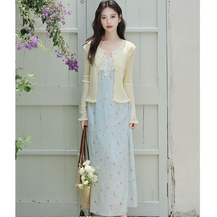 Spaghetti Strap V-Neck Floral Print Maxi A-Line Dress / Plain Cardigan