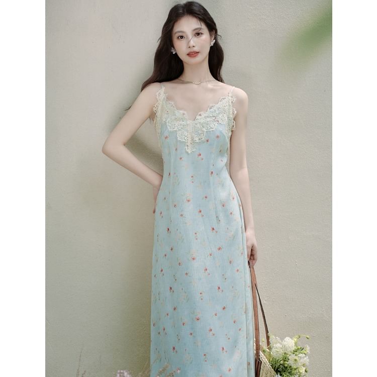 Spaghetti Strap V-Neck Floral Print Maxi A-Line Dress / Plain Cardigan