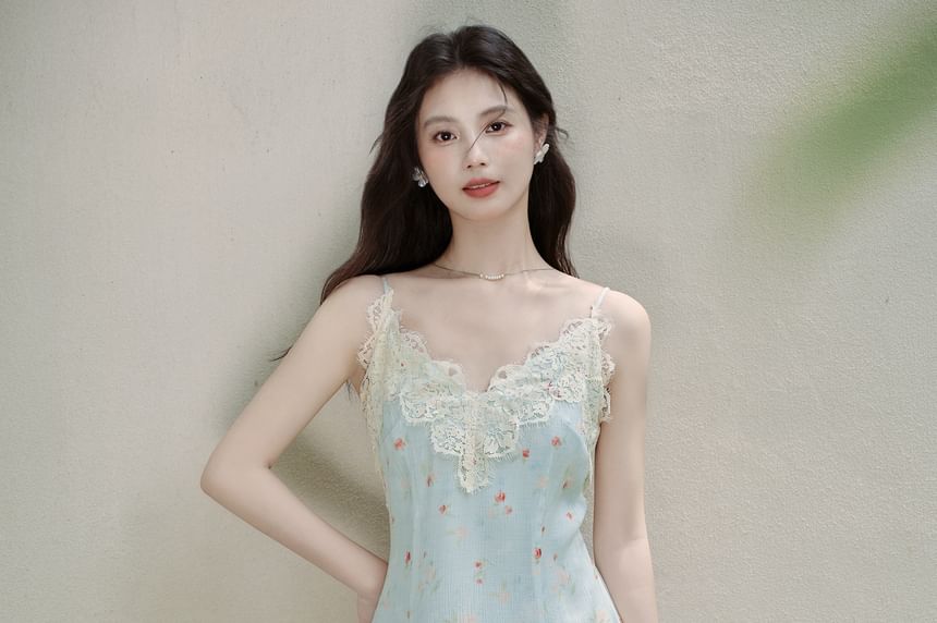 Spaghetti Strap V-Neck Floral Print Maxi A-Line Dress / Plain Cardigan