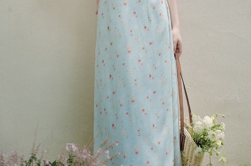 Spaghetti Strap V-Neck Floral Print Maxi A-Line Dress / Plain Cardigan