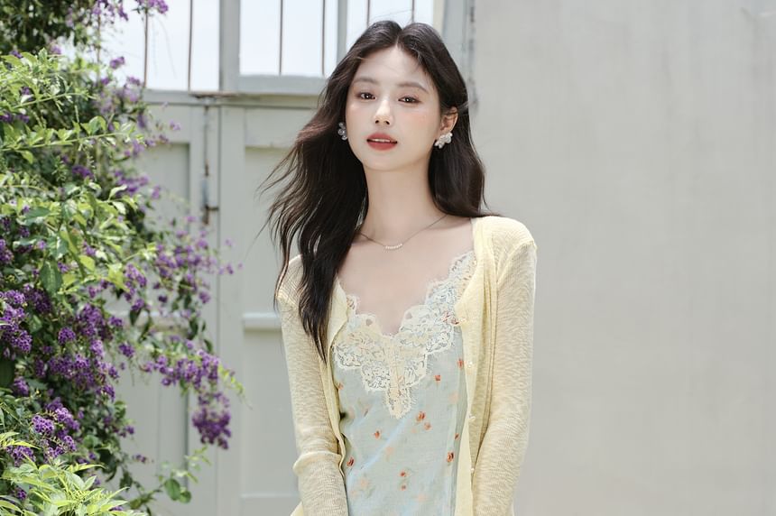 Spaghetti Strap V-Neck Floral Print Maxi A-Line Dress / Plain Cardigan