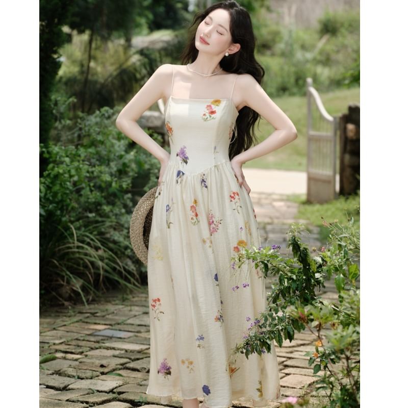 Spaghetti Strap Floral Print Maxi A-Line Dress / Plain Cardigan / Set