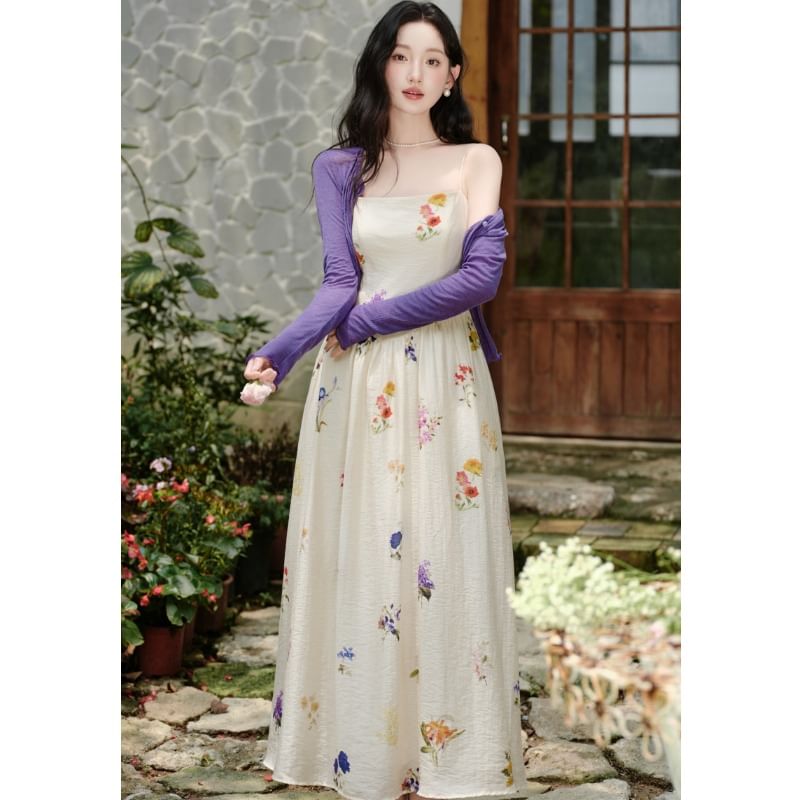 Spaghetti Strap Floral Print Maxi A-Line Dress / Plain Cardigan / Set