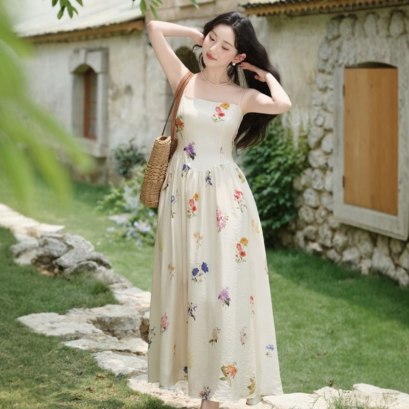 Spaghetti Strap Floral Print Maxi A-Line Dress / Plain Cardigan / Set