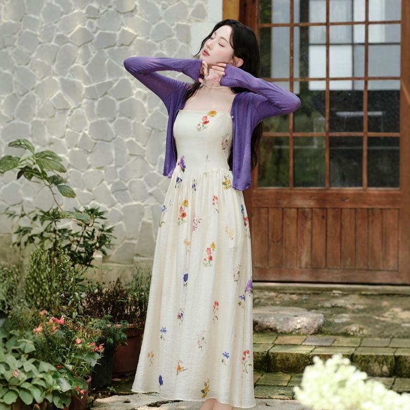 Spaghetti Strap Floral Print Maxi A-Line Dress / Plain Cardigan / Set