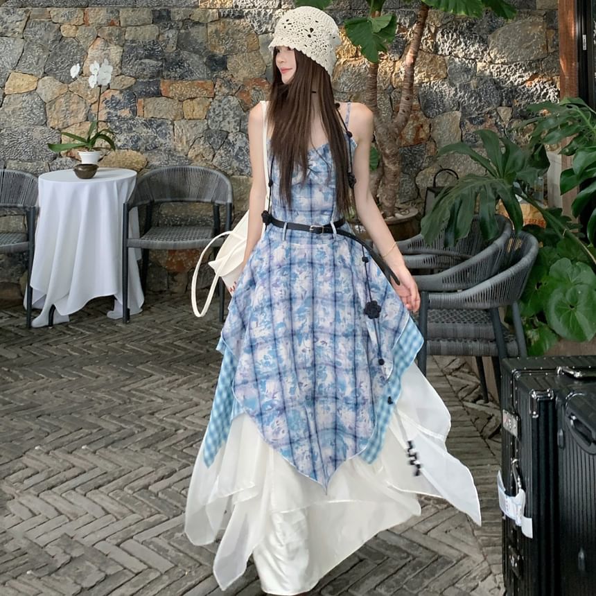 Spaghetti Strap Plaid A-Line Dress / Maxi A-Line Skirt / Belt / Set