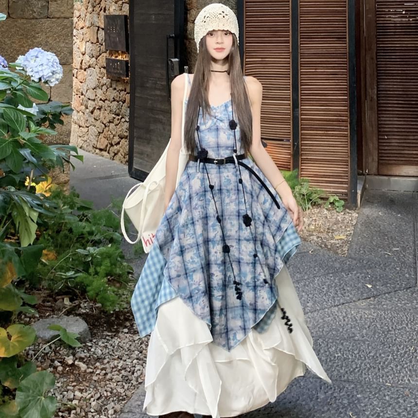 Spaghetti Strap Plaid A-Line Dress / Maxi A-Line Skirt / Belt / Set