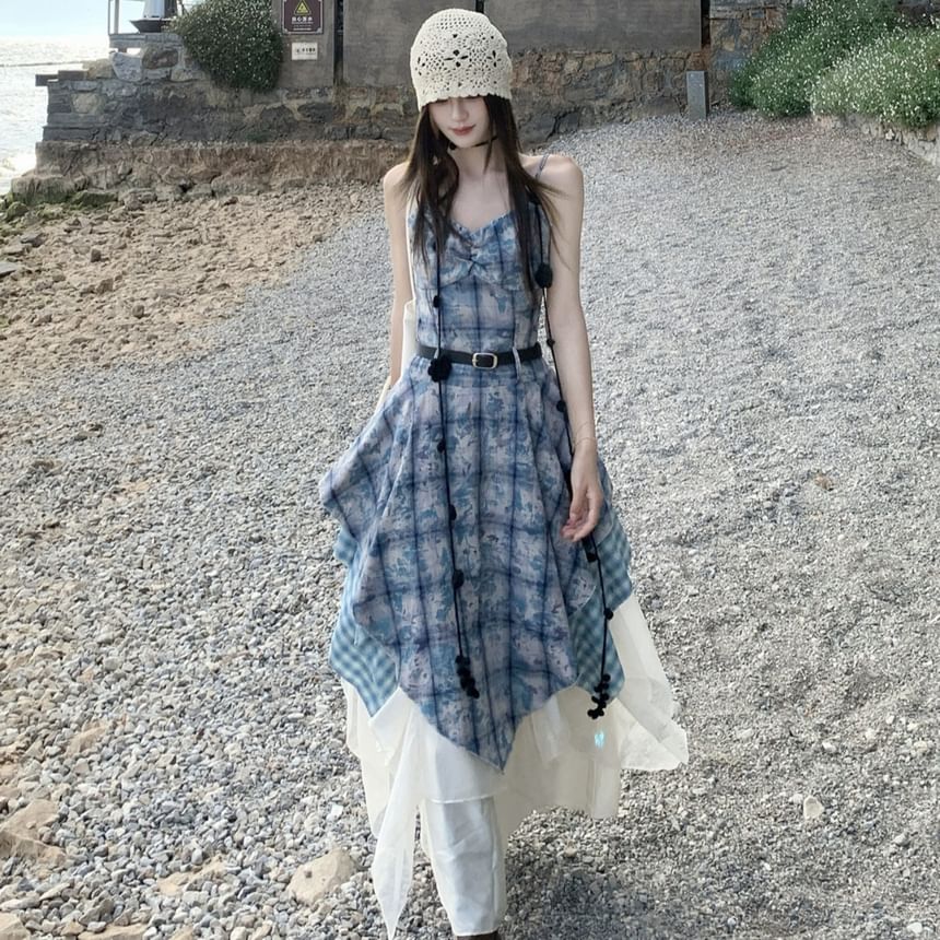 Spaghetti Strap Plaid A-Line Dress / Maxi A-Line Skirt / Belt / Set