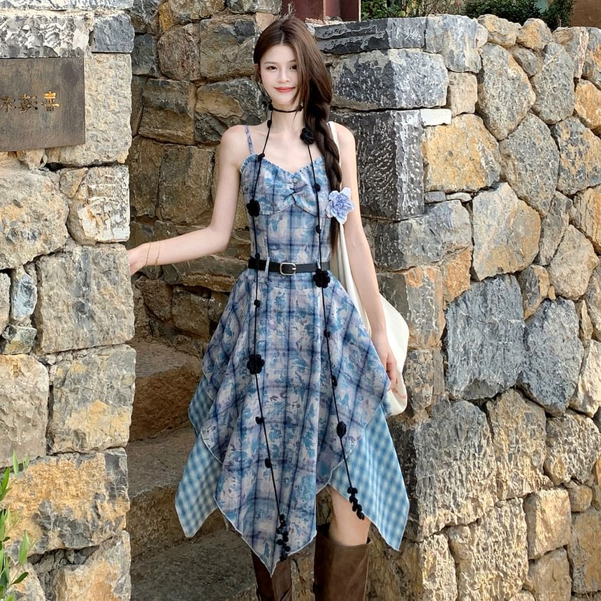 Spaghetti Strap Plaid A-Line Dress / Maxi A-Line Skirt / Belt / Set