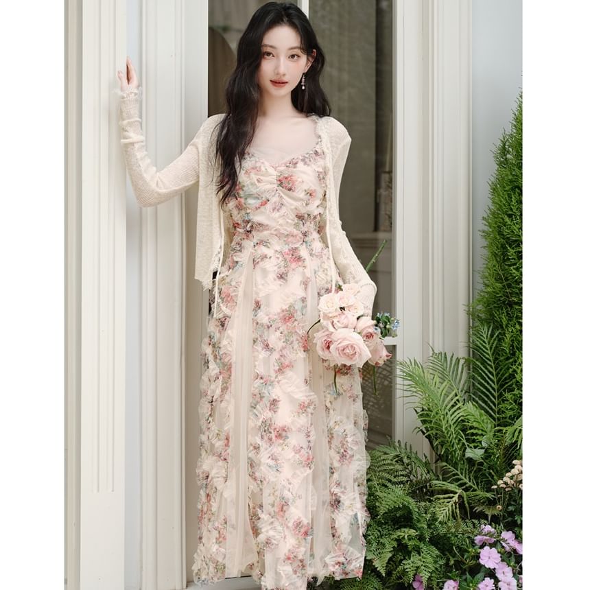 Spaghetti Strap Floral Print Maxi A-Line Dress / Plain Cardigan / Set