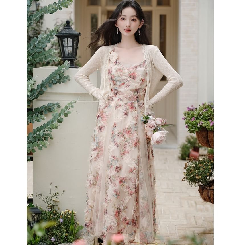 Spaghetti Strap Floral Print Maxi A-Line Dress / Plain Cardigan / Set