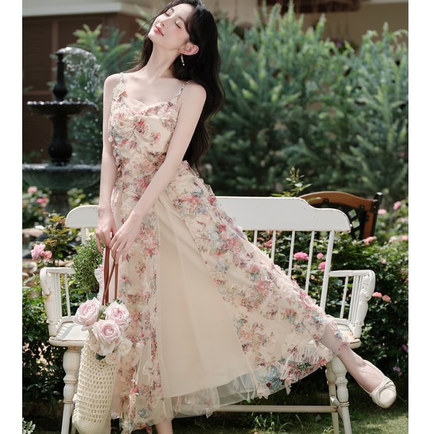 Spaghetti Strap Floral Print Maxi A-Line Dress / Plain Cardigan / Set