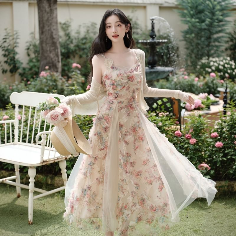Spaghetti Strap Floral Print Maxi A-Line Dress / Plain Cardigan / Set