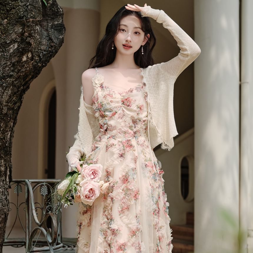 Spaghetti Strap Floral Print Maxi A-Line Dress / Plain Cardigan / Set