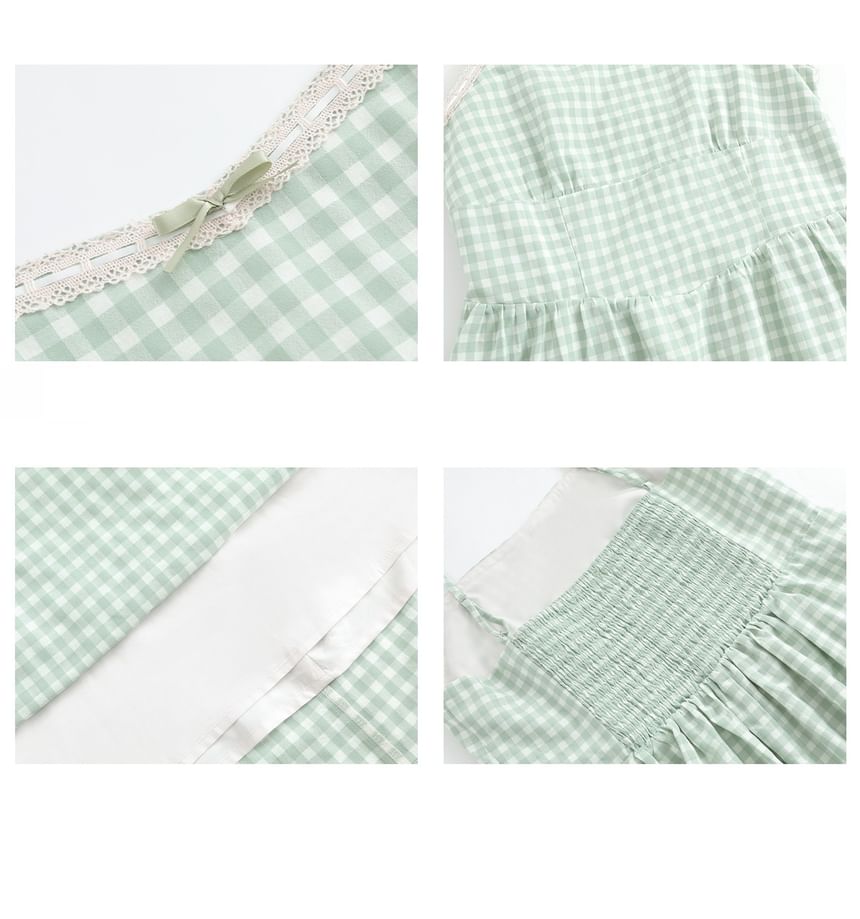 Spaghetti Strap Square Neck Gingham Bow Accent Lace Trim A-Line Dress