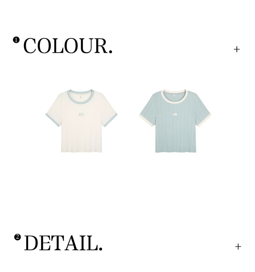 Short-Sleeve Crew Neck Lettering Embroidered Contrast Trim Tee