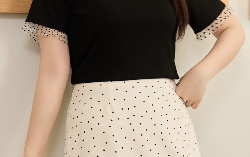 High Rise Dotted Contrast Lace Trim Mini A-Line Skirt