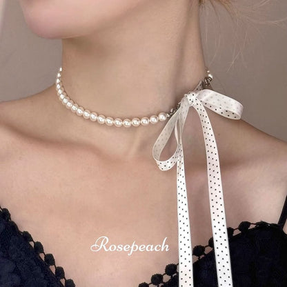 Ribbon Dotted Beaded Necklace