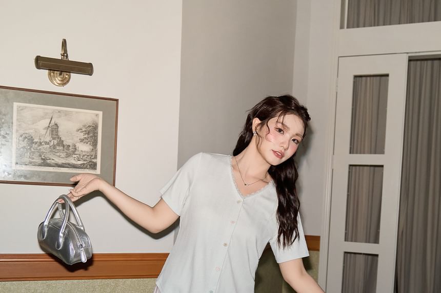 Short-Sleeve V-Neck Button-Up Plain Top