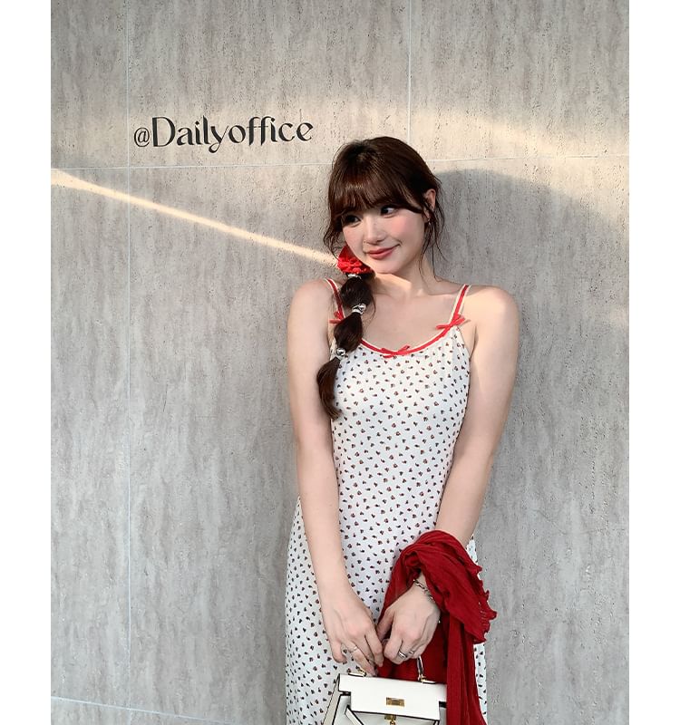 Spaghetti Strap Floral Print Maxi Dress / Plain Crop Cardigan