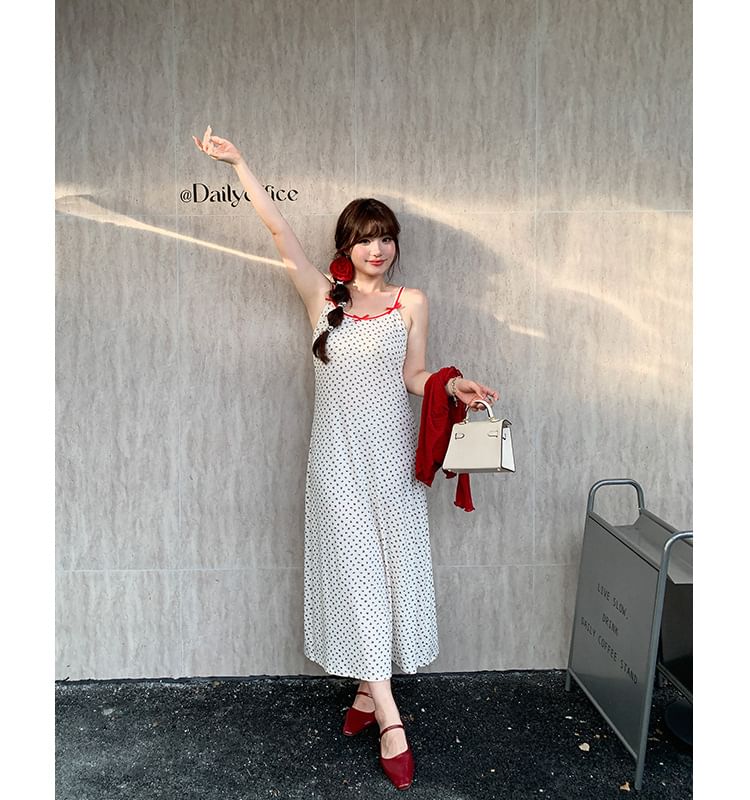 Spaghetti Strap Floral Print Maxi Dress / Plain Crop Cardigan