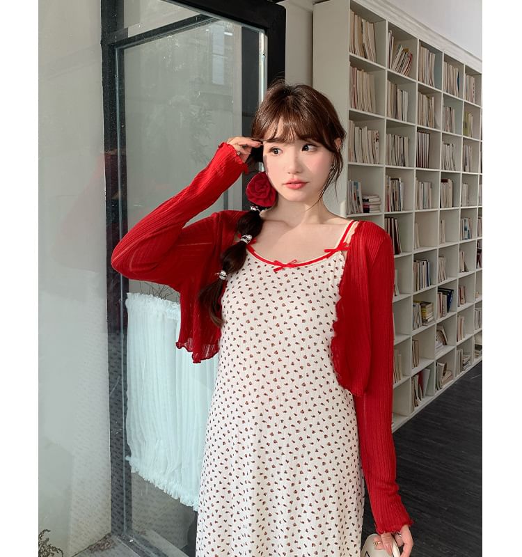 Spaghetti Strap Floral Print Maxi Dress / Plain Crop Cardigan