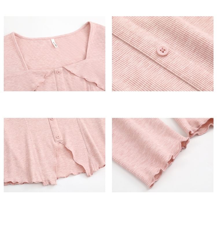 Long-Sleeve Square Neck Button-Up Plain Top