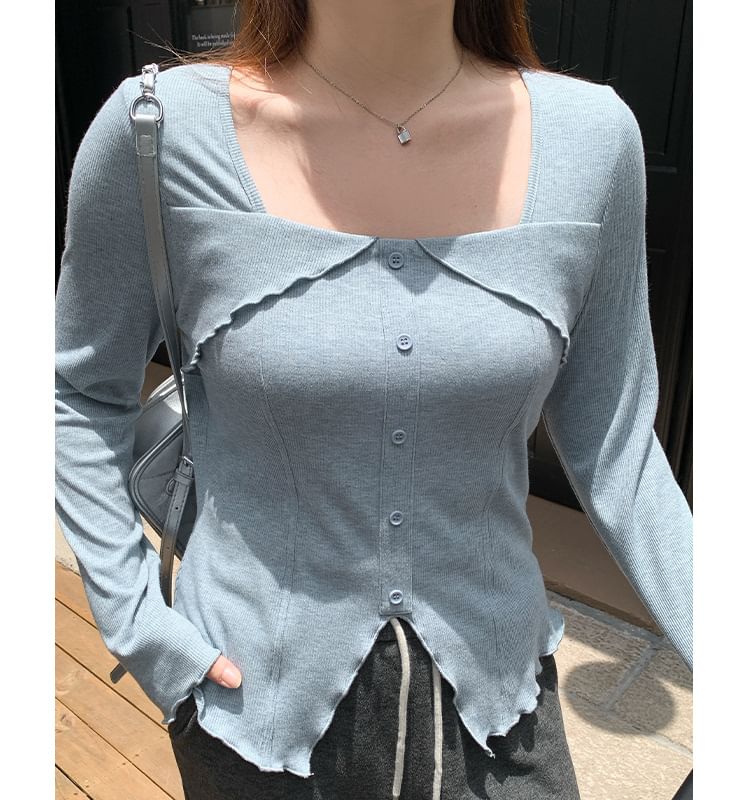 Long-Sleeve Square Neck Button-Up Plain Top