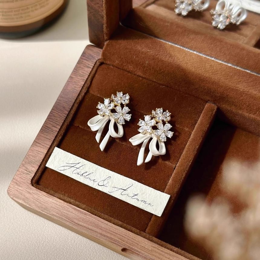 Flower Drop Rhinestone Earring Bow
