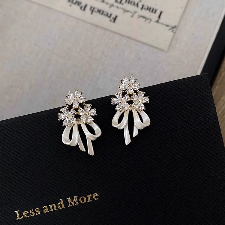 Flower Drop Rhinestone Earring Bow