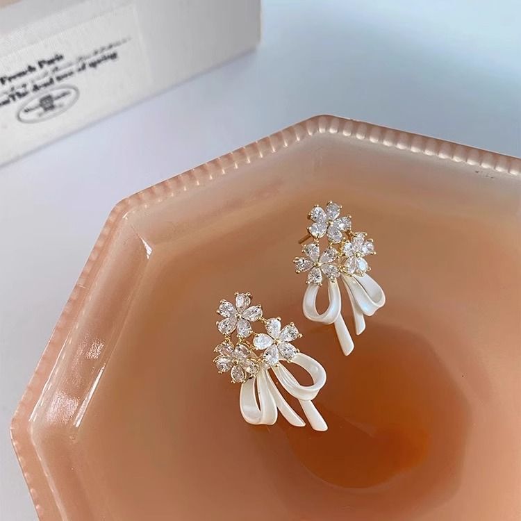 Flower Drop Rhinestone Earring Bow