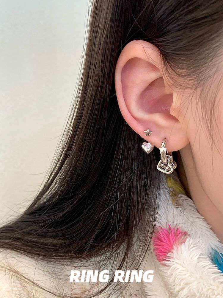 Star Asymmetrical Earring Rhinestone Heart