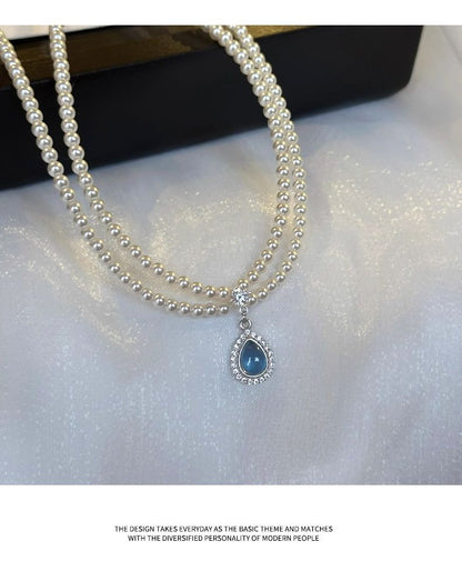 Gemstone Pendant Layered Faux Necklace Pearl