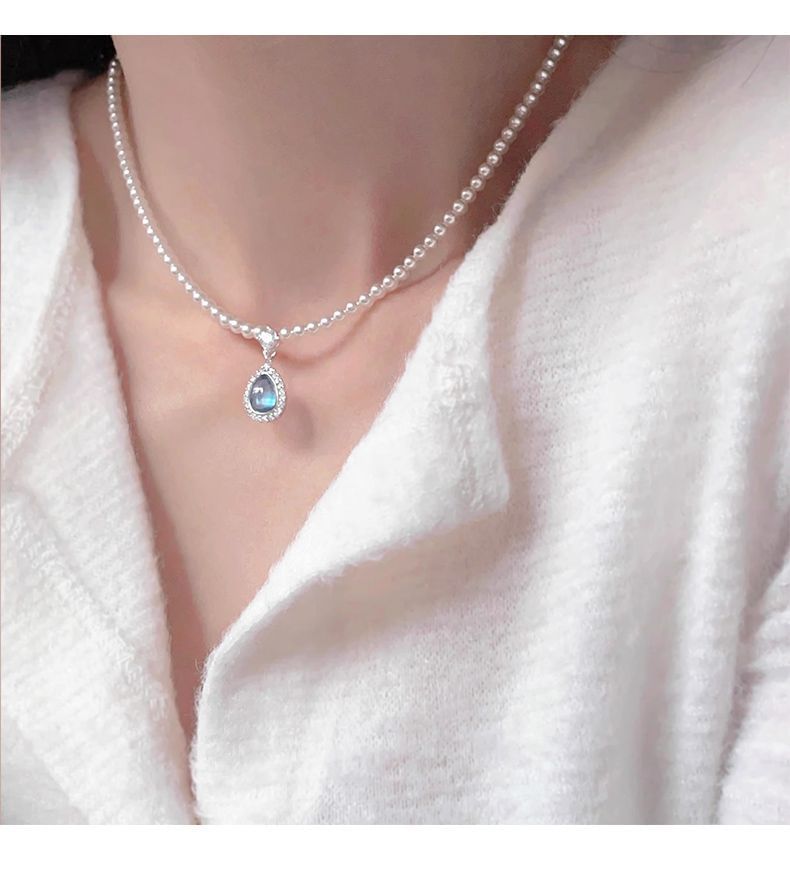 Gemstone Pendant Layered Faux Necklace Pearl