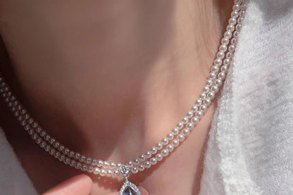 Gemstone Pendant Layered Faux Necklace Pearl