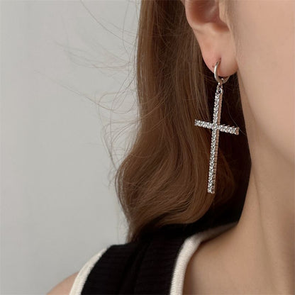 Cross Drop Huggie Earring Rhinestone