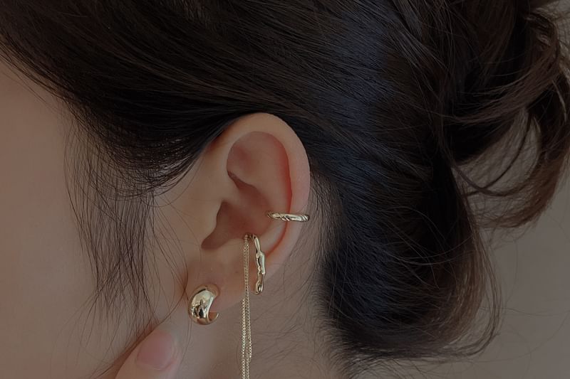 925 + Sterling Chain Cuff Silver Ear Earring Plain Set: Hoop