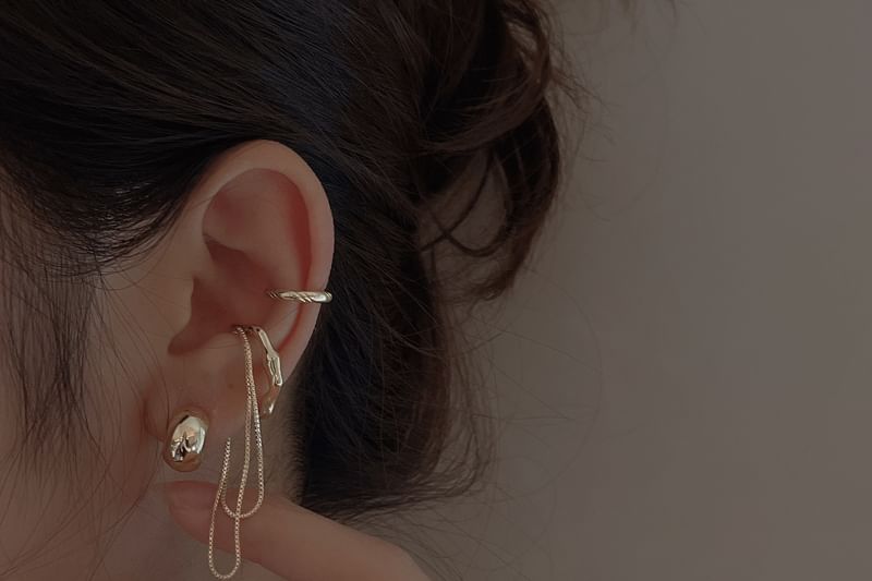925 + Sterling Chain Cuff Silver Ear Earring Plain Set: Hoop