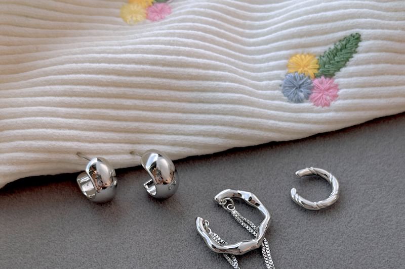 925 + Sterling Chain Cuff Silver Ear Earring Plain Set: Hoop
