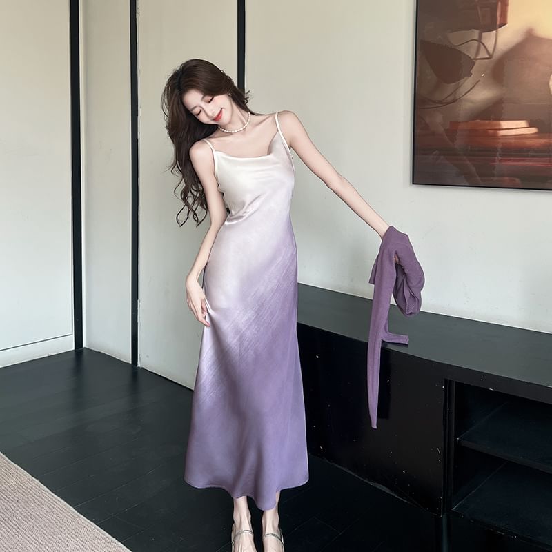 Spaghetti Strap Cowl Neck Gradient Satin Midi A-Line Dress / Plain Crop Cardigan / Set