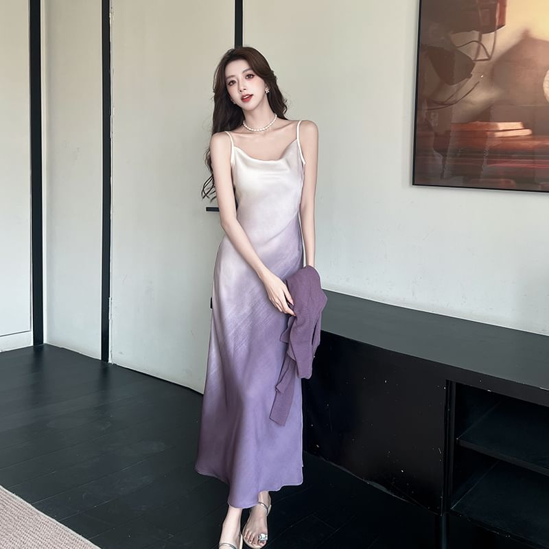 Spaghetti Strap Cowl Neck Gradient Satin Midi A-Line Dress / Plain Crop Cardigan / Set