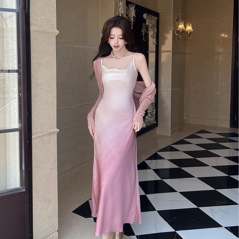 Spaghetti Strap Cowl Neck Gradient Satin Midi A-Line Dress / Plain Crop Cardigan / Set
