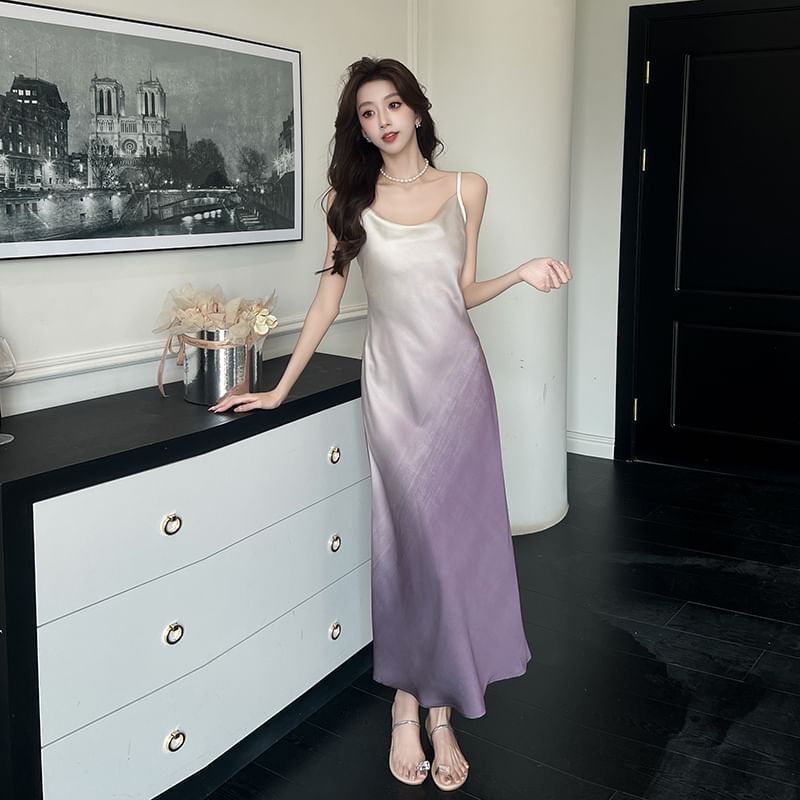 Spaghetti Strap Cowl Neck Gradient Satin Midi A-Line Dress / Plain Crop Cardigan / Set