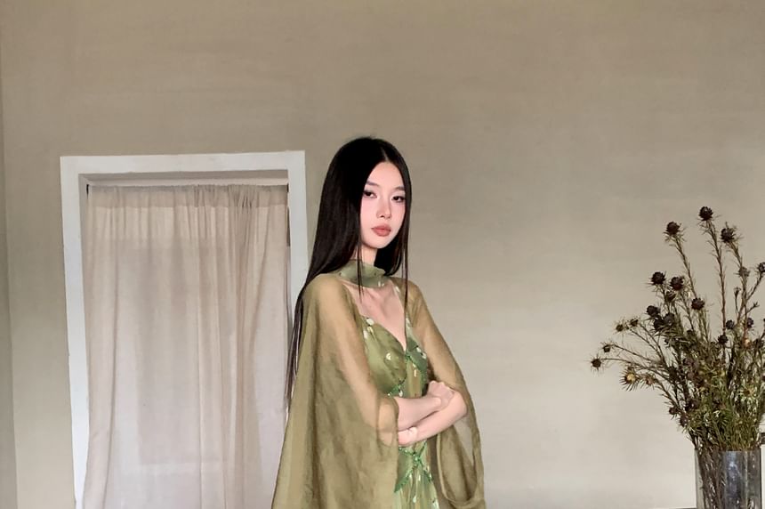 Spaghetti Strap V-Neck Floral Print Maxi A-Line Dress / Plain Open Front Long Light Jacket / Skinny Scarf / Set