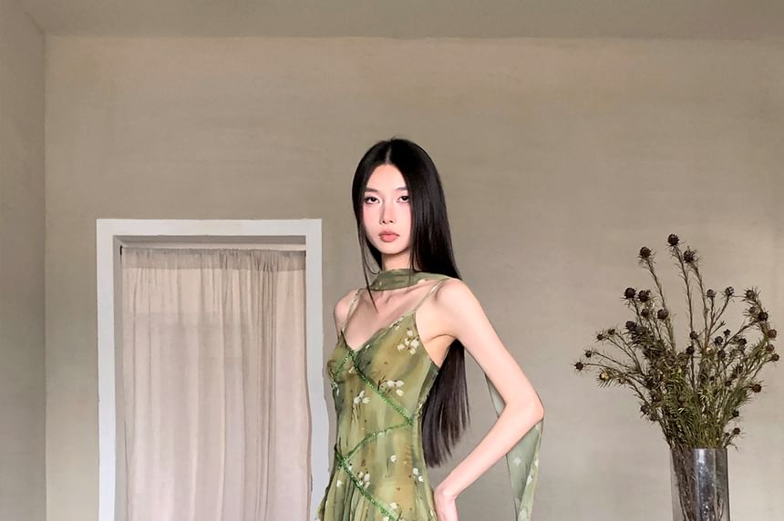 Spaghetti Strap V-Neck Floral Print Maxi A-Line Dress / Plain Open Front Long Light Jacket / Skinny Scarf / Set