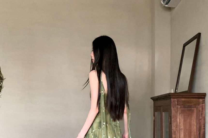 Spaghetti Strap V-Neck Floral Print Maxi A-Line Dress / Plain Open Front Long Light Jacket / Skinny Scarf / Set