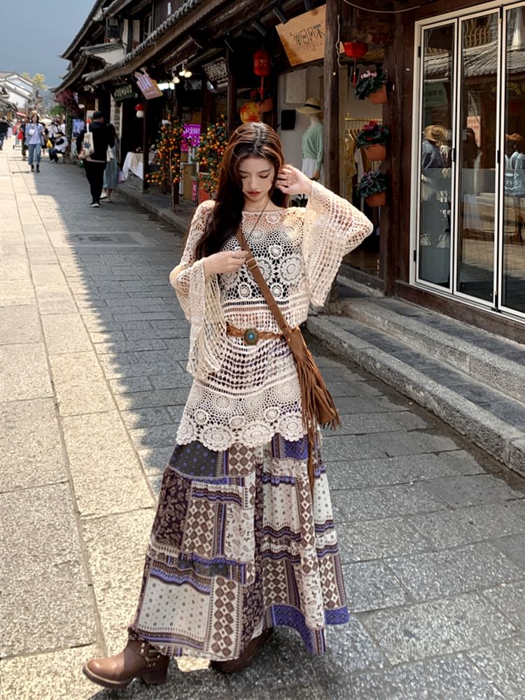 Long-Sleeve Boat Neck Crochet Knit Top / Elastic Waist Patterned Midi A-Line Skirt / String Belt / Set