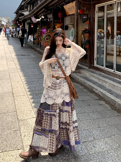 Long-Sleeve Boat Neck Crochet Knit Top / Elastic Waist Patterned Midi A-Line Skirt / String Belt / Set