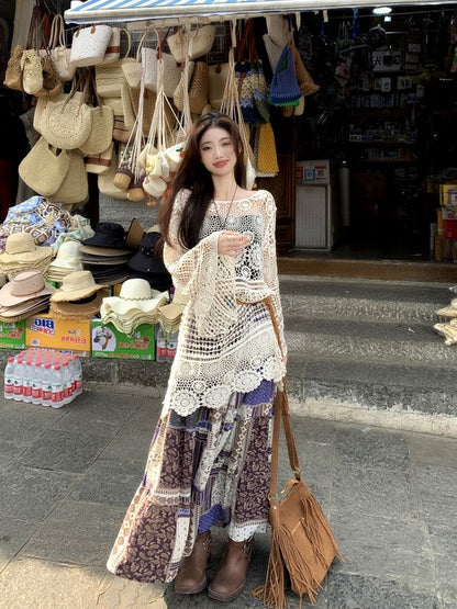 Long-Sleeve Boat Neck Crochet Knit Top / Elastic Waist Patterned Midi A-Line Skirt / String Belt / Set